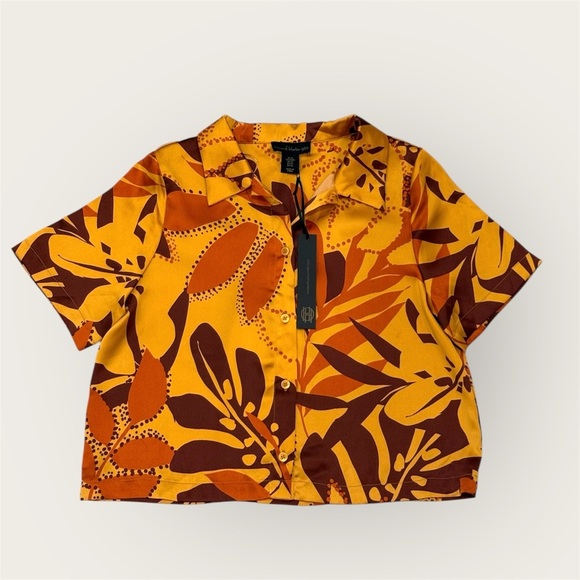 House Of Harlow Satin Button Down ShortSleeve Tropical Boho Retro Top Blouse- XS - Picture 3 of 8
